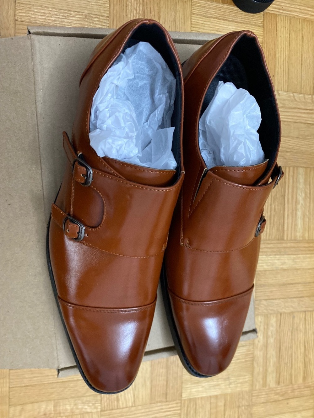 Men's Double Monk Strap Dress Shoes Tan Brown Cap Toe Classic Oxford Size 46 NEW